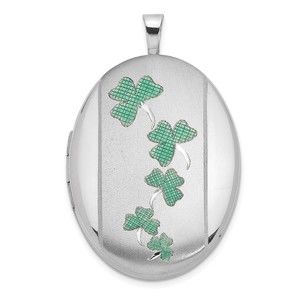 925 Sterling Silver Satin Enameled Clover Shamrocks 26x20mm Oval Locket Pendant